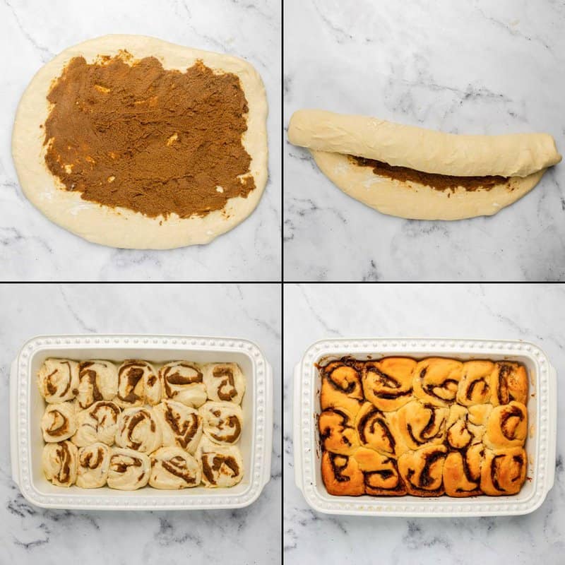 Collage of filling and rolling up dough then baking cinnamon rolls.