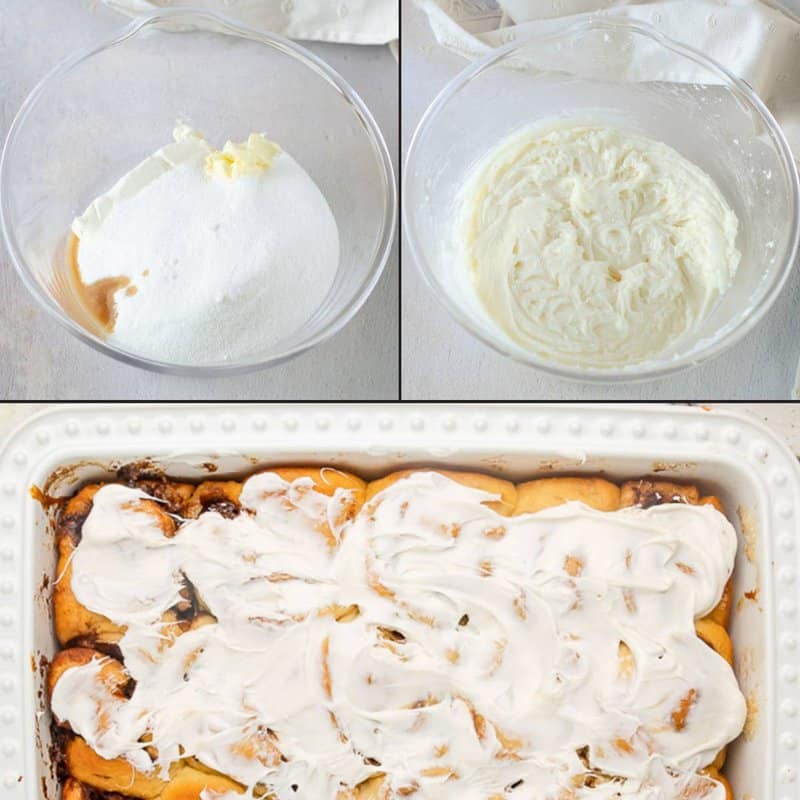 Collage of making cream cheese frosting for overnight cinnamon rolls.