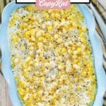 Overhead view of homemade Rudy's creamed corn in a blue serving dish.