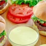 Homemade Smashburger smash sauce, burgers, and tomato slices.