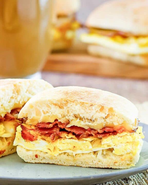 Copycat Starbucks bacon gouda breakfast sandwich on a plate.