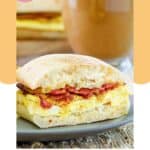 Homemade Starbucks bacon gouda breakfast sandwich on a blue plate.