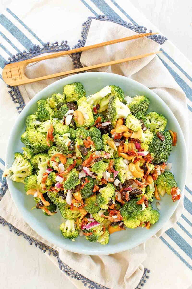 Overhead view of copycat Sweet Tomatoes Joan's broccoli madness salad in a bowl.