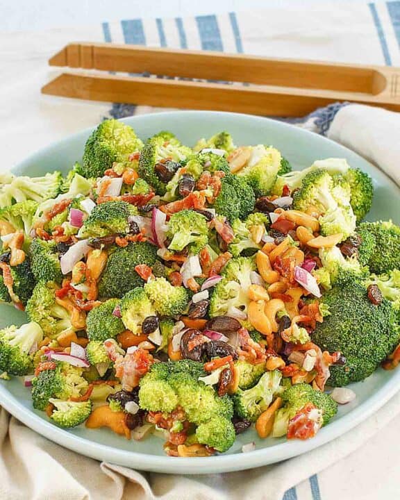 Copycat Sweet Tomatoes Joan's broccoli madness salad in a serving bowl.