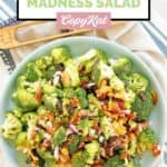 Overhead view of homemade Sweet Tomatoes broccoli salad on a plate.