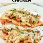 Homemade Texas Roadhouse smothered chicken on a white plate.