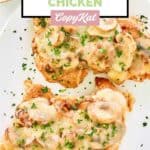 Overhead view of two homemade Texas Roadhouse smothered chicken breasts.