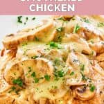 Closeup of homemade Texas Roadhouse smothered chicken on a plate.