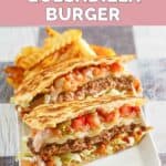 Homemade Applebee's quesadilla burger and fries on a white plate.