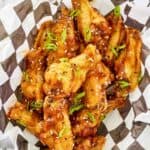 Overhead view of copycat Buffalo Wild Wings General Tso chicken wings.