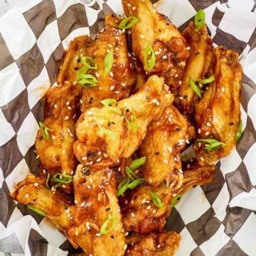 Overhead view of copycat Buffalo Wild Wings General Tso chicken wings.