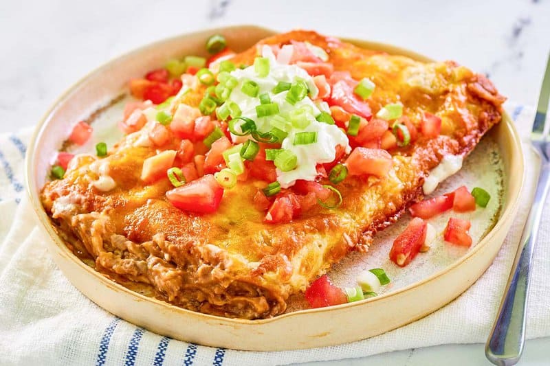 Burrito casserole serving on a plate.