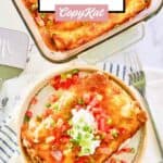 Overhead view of a burrito casserole, a serving on a plate, and a fork.