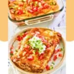 Burrito casserole in a baking dish and a serving on a plate.