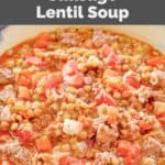 Homemade Carrabba's sausage and lentil soup in a bowl.
