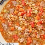 Closeup overhead view of Carrabba's sausage lentil soup.