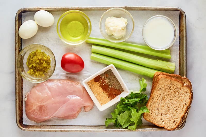 Copycat Chick Fil A chicken salad sandwich ingredients on a tray.