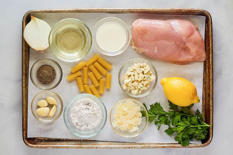 Copycat Biltmore Estate gorgonzola chicken pasta ingredients on a try.