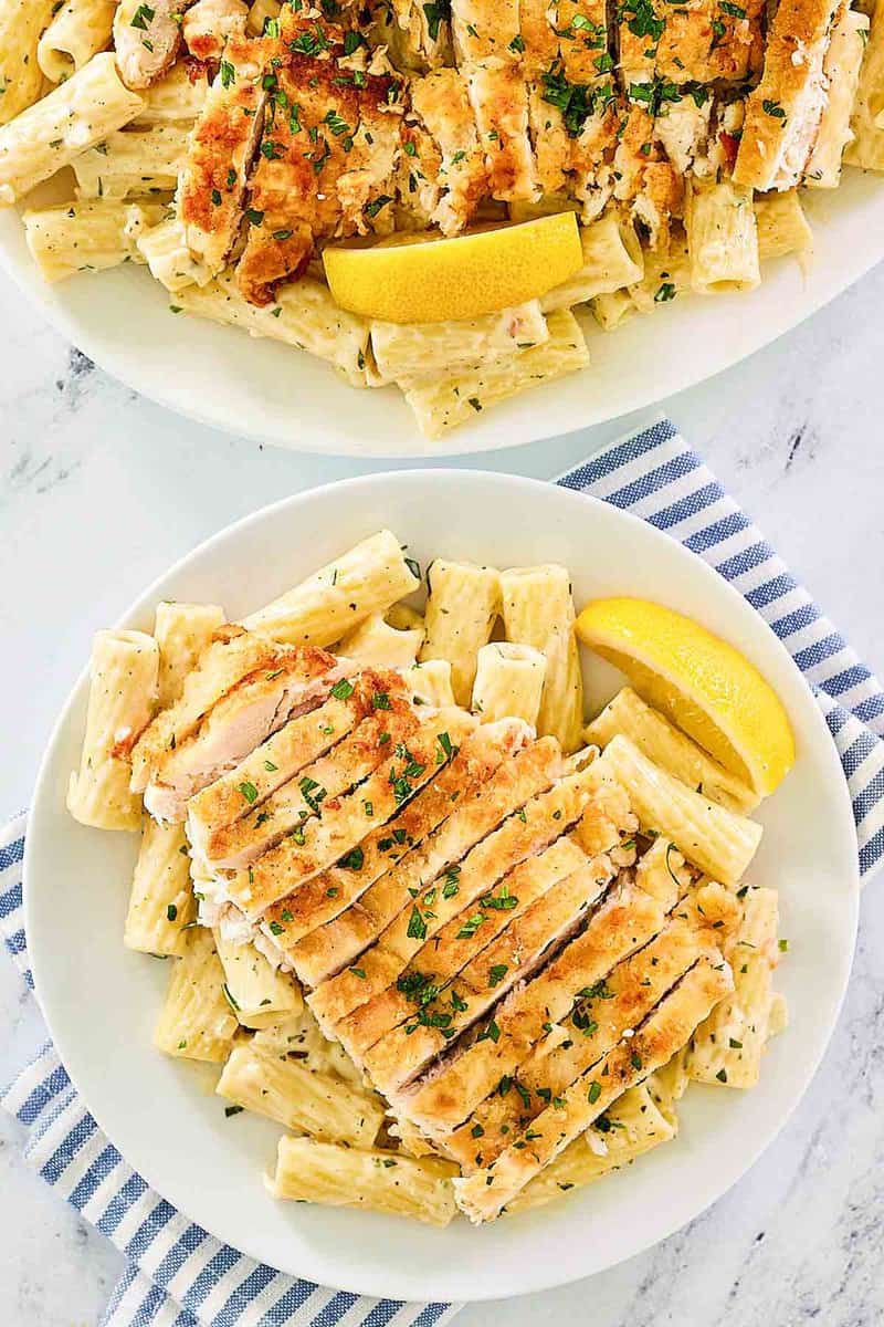 Overhead view of copycat Biltmore Estate gorgonzola chicken pasta.