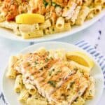 Copycat Biltmore Estate gorgonzola chicken pasta on a platter and plate.