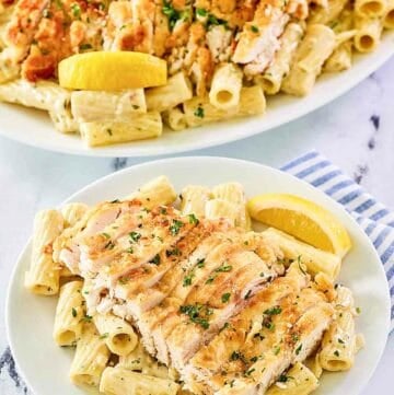 Copycat Biltmore Estate gorgonzola chicken pasta on a platter and plate.