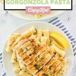 Overhead view of homemade Biltmore Estate chicken gorgonzola pasta on a plate.