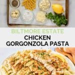 Copycat Biltmore Estate chicken gorgonzola pasta ingredients and the finished dish.