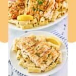 Homemade Biltmore Estate chicken gorgonzola pasta on a plate and platter.