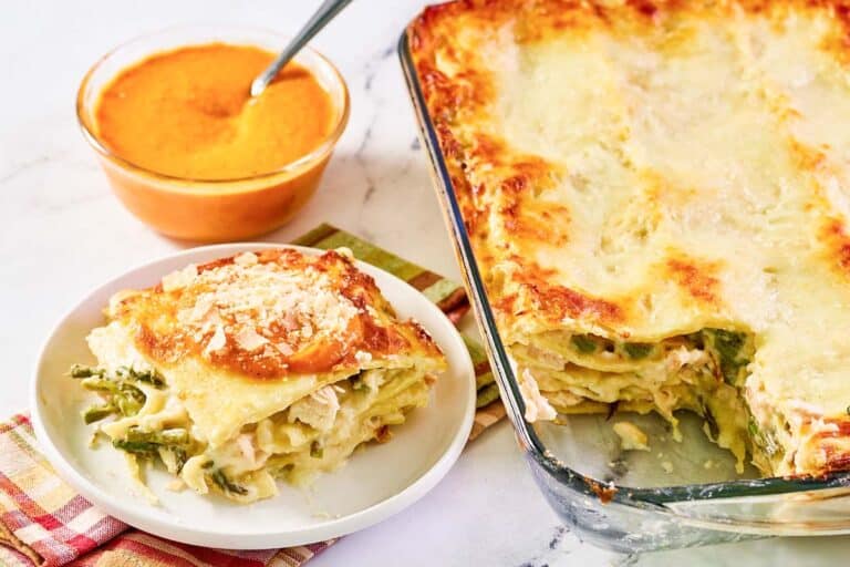 Creamy White Chicken Lasagna with Asparagus and Wine Sauce
