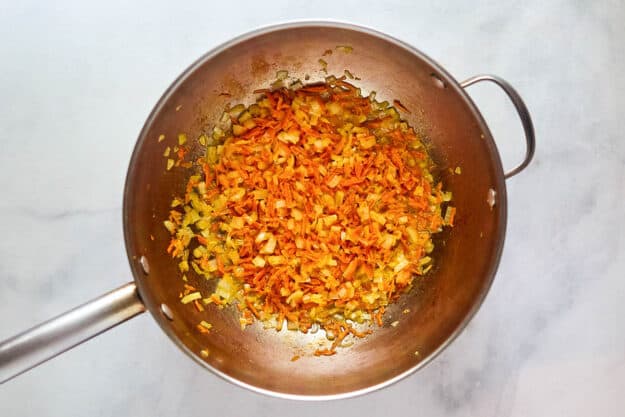 Sauteing vegetables for marinara sauce.