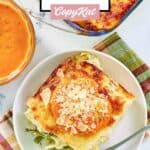 Overhead view of chicken lasagna in a baking dish and on a plate.