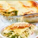 Chicken lasagna in a baking dish and a serving on a plate.