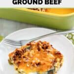 Chili relleno casserole with ground beef serving and a fork on a plate.