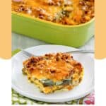 A serving of chili relleno casserole with ground beef on a plate.