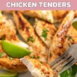 Homemade Cracker Barrel grilled chicken tenders and one on a fork.