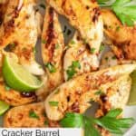 Closeup overhead view of Cracker Barrel grilled chicken tenders on a plate.