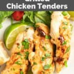 Overhead view of three copycat Cracker Barrel grilled chicken tenders on a plate.