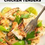 Homemade Cracker Barrel grilled chicken tenders and lime wedges on a plate.