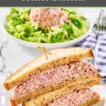 Homemade ham salad sandwich and a scoop of ham salad on lettuce.