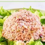 A scoop of ham salad on top of lettuce.