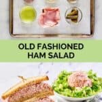 Ham salad ingredients and the finish salad in a sandwich and on top of lettuce.