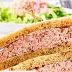 Closeup of a ham salad sandwich.