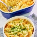 Hashbrown casserole with cornflakes in a baking dish and a serving in a bowl.