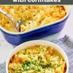 A bowl of hashbrown casserole with cornflakes and the casserole behind it.