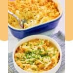 Hashbrown casserole with cornflakes in a blue baking dish and white bowl.