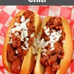 Copycat James Coney Island chili on top of two hot dog.