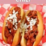 Two hot dogs topped with homemade James Coney Island chili.