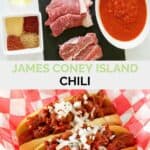 Copycat James Coney Island chili ingredients and the chili on hot dogs.