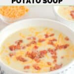 Homemade La Madeline country potato soup in a white bowl.