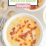Overhead view of homemade La Madeleine country potato soup in two bowls.